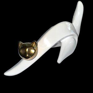 Modernist Decor Cat Figurine Statue Ceramic White and Gold Tone Glaze
